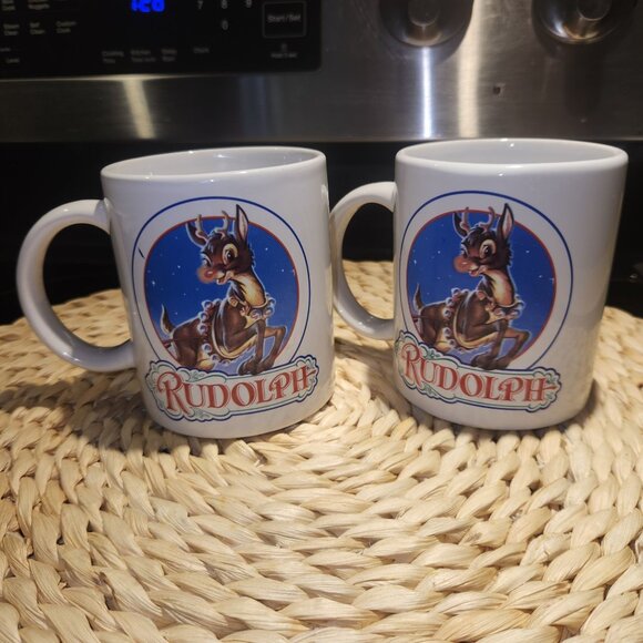 1993 Rudolph The Red-Nosed Reindeer Ceramic Mugs Set Of 2 Made in USA - Picture 1 of 3